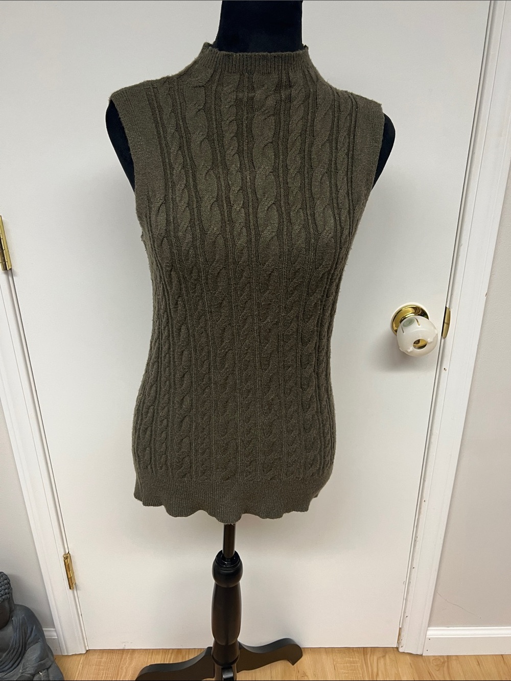 Cyrus Olive Cable Knit Sleeveless Turtleneck Sweater
